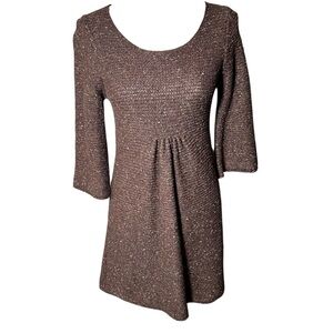 Max Studio Sweater‎ Mini Dress Pleated Front 3/4 Sleeves Brown A Line Small Fall